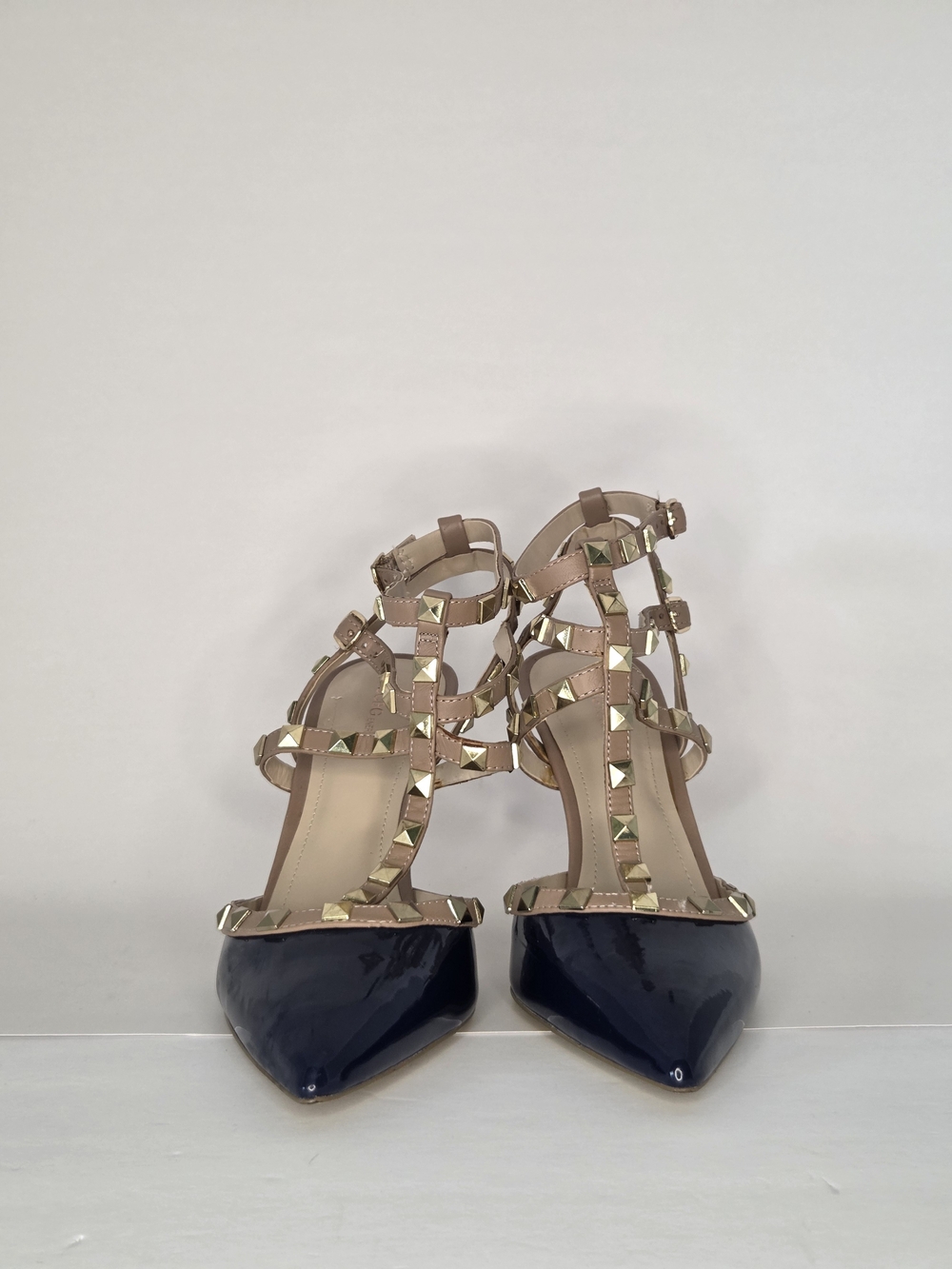 BCBG Darron Strappy Studded Pointed-Toe Pumps with Navy Patent Toe